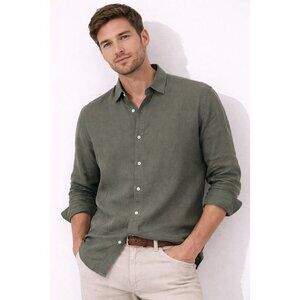Emile Lafaurie Pablito 100% Linen Button Down Shirt Green Long Sleeve Small